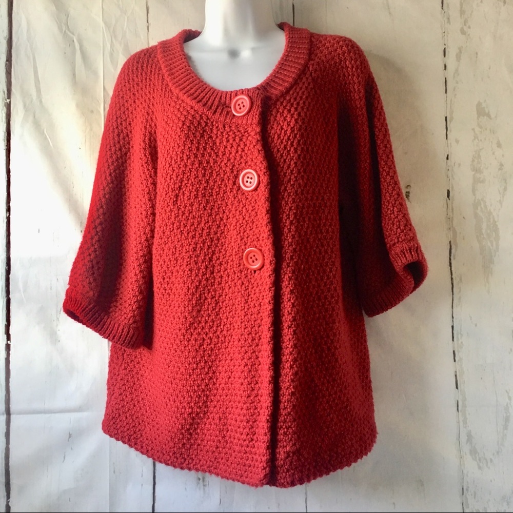 Chico’s 2 Red Cardigan Sweater Chunky Cable Knit Big Button Large Cottage